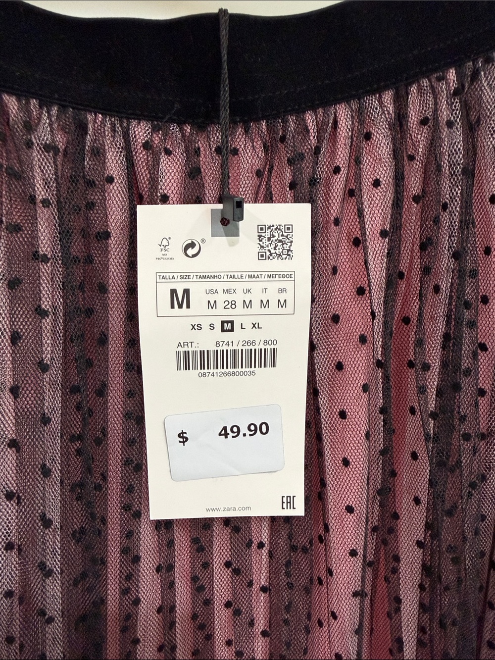 Zara Pink Lined Midi Skirt with Black Polka Dot Overlay - Picture 2 of 7
